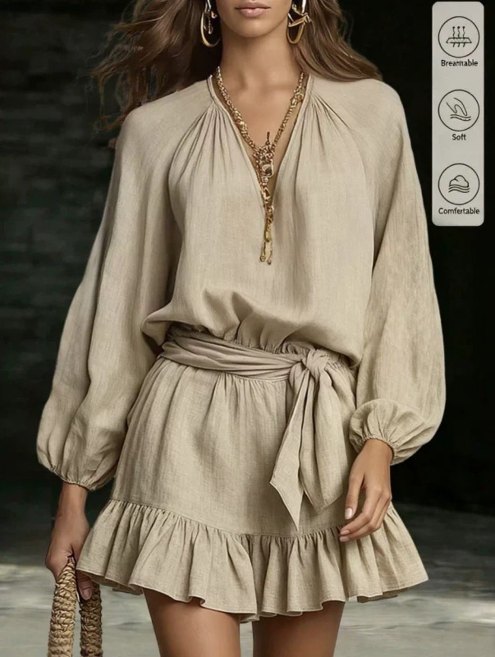 ZARA Boho Collar Lantern Sleeves Tie Waist Ruffle Hem Vacation Mini Dress